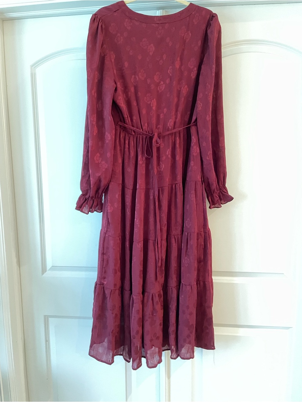 Long-Sleeve Burgundy Tiered Midi Dress w/ pockets - Picture 6 of 6